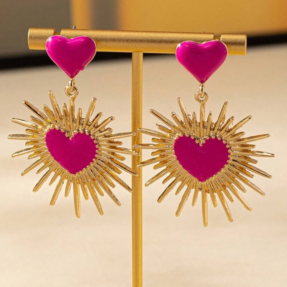 Gold Tone Hot Pink Heart Statement Earrings - Picture 2 of 4